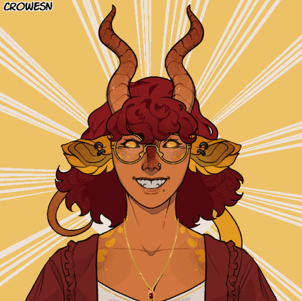 picrew by crowesn of a ghoul with orange skin, ginger shoulder length hair, and yellow deer-like spots across their skin. their antlers are like a gazelle, and they have a bright smile and gold circular glasses
