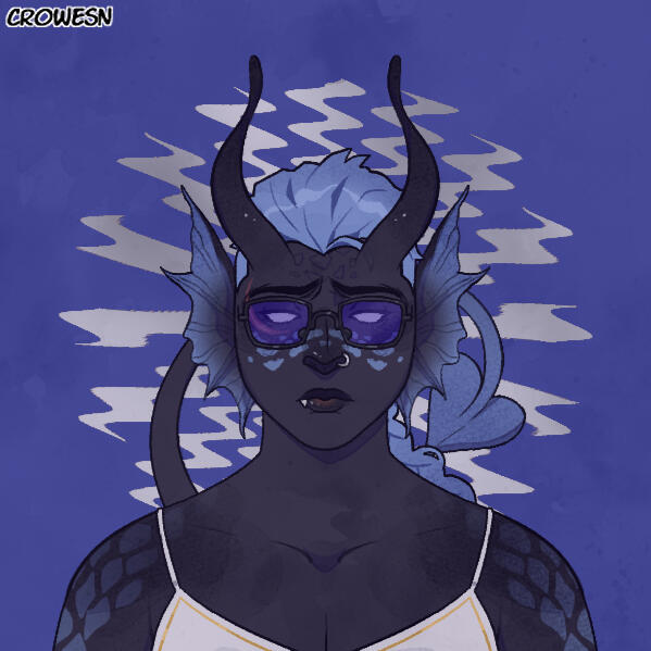 picrew by crowesn of a ghoul with blackish skin and light blue faded scale patterns along the shoulders and the bridge of the nose. their hair is a light blue and short, and their ears appear to be fins. they look very very sad and have blue tinted glasses
