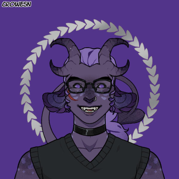 picrew by crowesn of a ghoul with darker purple skin and slightly lighter purple markings across their arms and the bridge of their nose. their hair is light purple and braided, horns look like two crescents, they have a wide smile and wear simply glasses