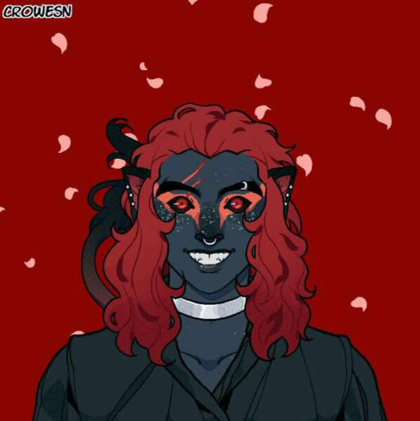 picrew by crowesn of a being with black skin and bright red hair like a mane. they have cat-like ears and nose, a fanged smile, and a lion-esque tail.