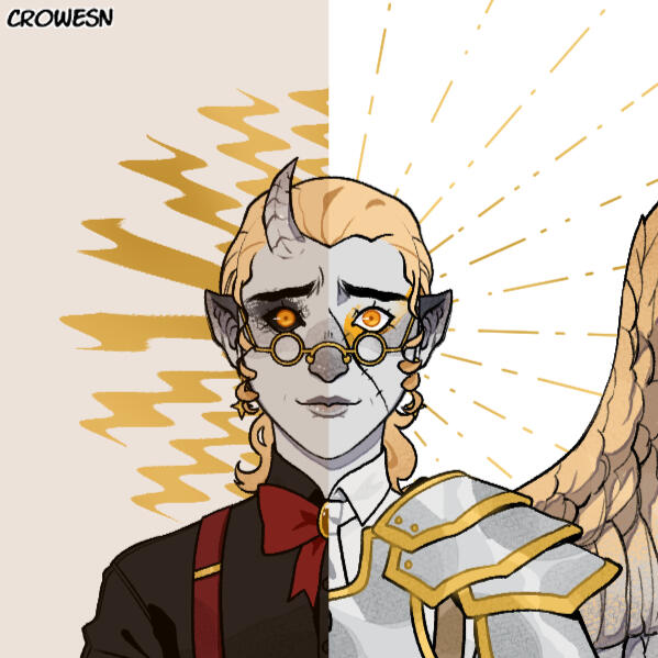 picrew by crowesn, split down the middle. the left shows a grey ghoul with black sclera, small horns, and yellow eyes with small eyeglasses. the right shows a greyskinned angel with a scar across the face, wings, and armor.